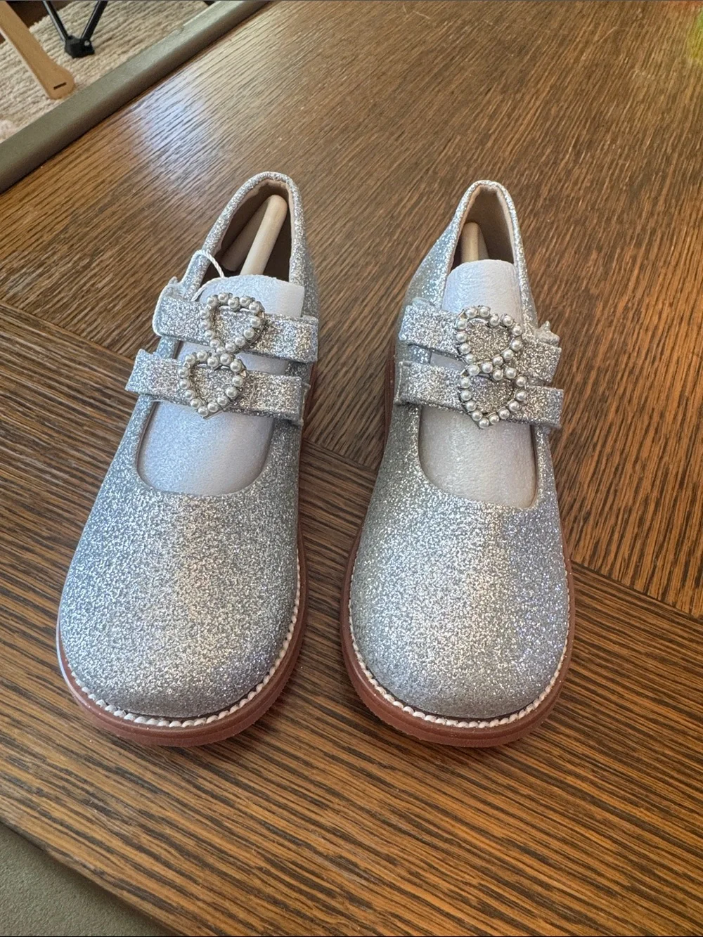 Toddler Girl silver glitter mary jane flats with heart pearls